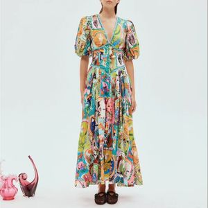 Midi-jurk van linnen met abstracte figuurprint, V-hals, korte mouwen en pofmouwen van Australische designer