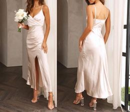 2023 Elastic Satin Bridesmaid Dresses Spaghetti Straps Tea Length Side Slit Custom Made Maid of Honor Gown Country Wedding Wear Plus Size
