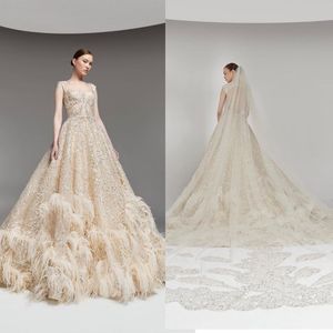 2023 Elegante a-line trouwjurken vierkante nek veer Appliques kanten bruidsjurken op maat gemaakte backless sweep trein Vestidos de novia