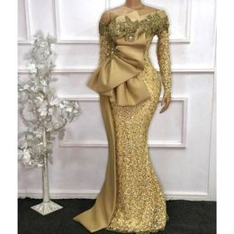 2023 Elegante Afrikaanse prom -jurken Lange mouwen Lace Mermaid avondjurken Goud