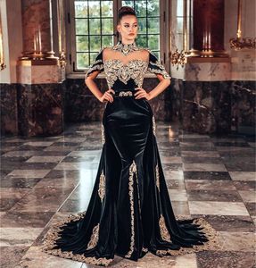 2023 Élégant Arabe Caftan Sirène Robes De Soirée Noir Formelle Robes De Soirée Avec Amovible Overskirt Col Haut Or Dentelle Longue Dubaï Marocain Caftan Robe De Bal