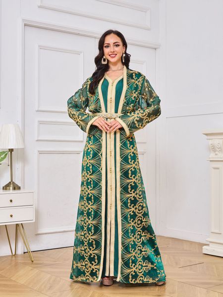 2023 Elegante verde esmeralda Vestidos para madre de novia Sexy Nuevo bordado dorado Mangas largas Apliques de encaje satinado Bodas de cristal Conjunto de dos piezas Fiesta de noche Vestidos de fiesta