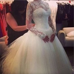 2023 Elegante lange mouwen trouwjurken bruidsjurk met kanten applique hoge nek kralen tule sweep trein op maat gemaakte plus size vestido de novia