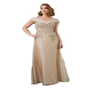 2023 Elegante Bruidsmoederjurken Champagne Kapmouwtjes Chiffon Kant Applicaties Kristal Vloerlengte Grote maten Aangepaste bruiloften E296q