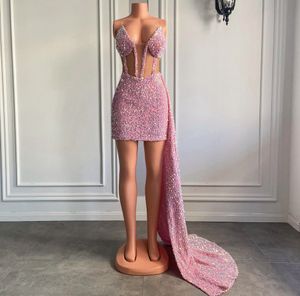 2023 Elegante Roze Galajurken Sweetheart Illusion Lovertjes Kant Kort Met Overrokken Schede Formele Speciale Feestkleding Avondjurken