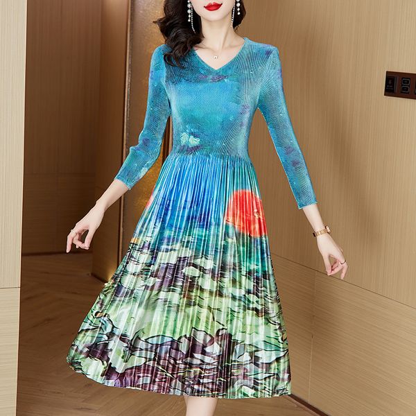 2023 Elegante estampado Midi Vestidos azules Mujeres Diseñador Otoño Invierno Vacaciones Fiesta Terciopelo Vestido plisado Tallas grandes Manga larga Cuello en V Slim Fit Elegante Oficina Vestidos de dama