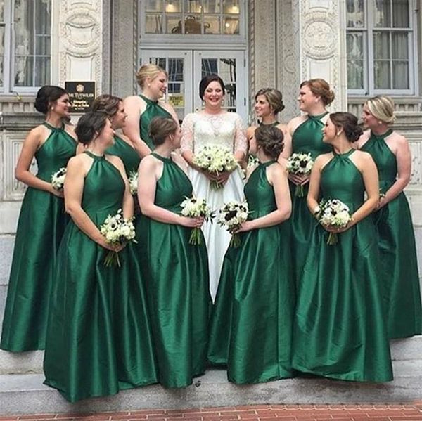 Robe de demoiselle d'honneur vert émeraude, longue en taffetas, robes de soirée de mariage pour femmes, col licou, robes d'invitées simples et élégantes, 2023