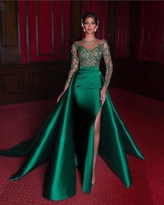 2023 Robe formelle vert émeraude manches longues en satin sexy fente perles robes de bal élégantes robes de soirée sirène 328 328