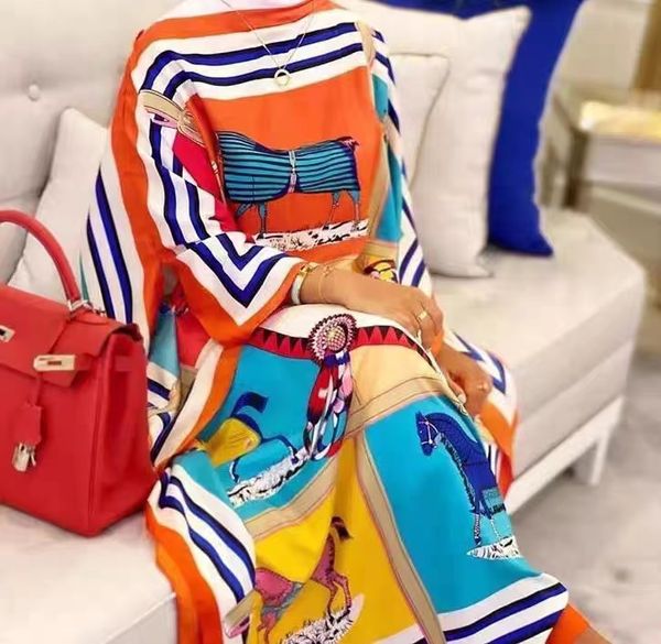 2023 Vêtements ethniques Koweït Mode Blogger Recommander Imprimé Caftan De Soie Maxi Robes Lâche D'été Plage Bohème Longue Robe Pour Lady M