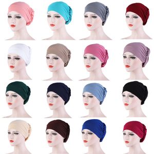 2023 Etnische kleding Vrouwen katoen ademen hoed dames hijabs tulband elastische stoffen hoofd cap dames haaraccessoires moslim sjaal 15 kleur