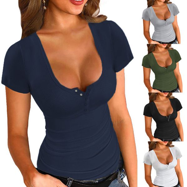 2023 European American Summer NUEVA Camiseta para mujeres Camiseta sólida sólida Camiseta en U Perstón de cuello en forma Tops de manga corta Wear Fashion Woman Tees