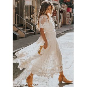 2023 European and American Fashion Summer New V-neck Short Sleeve Lace Mid Waist Elegant Commuter Dress Women's Dress