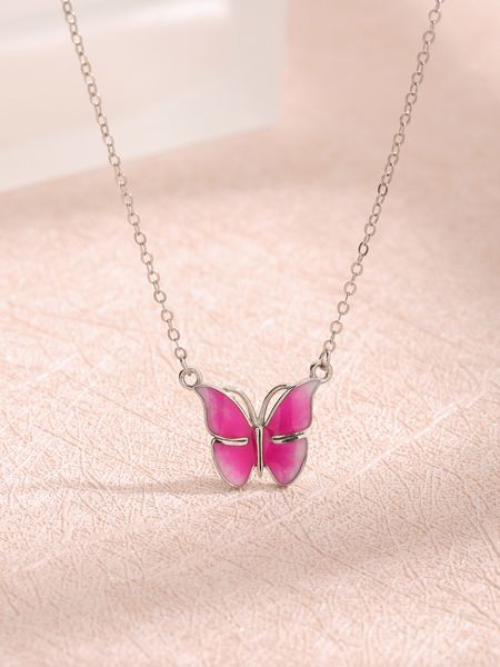 Collar de mariposa rosa con pegamento de gota de plata de ley S925 nuevo europeo y americano 2023, collar de lujo versátil a la moda