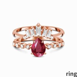 2023 europeo y americano retro S925 plata esterlina gota de agua paloma rubí micro circón oro rosa doble anillo joyería femenina