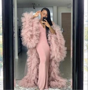 2023 Avondjurken Ruches Ruches Blush Pink TuLle Kimono vrouwen gewaad voor fotoshoot puffy mouwen prom jurken