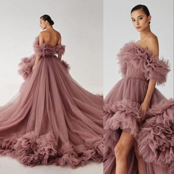 2023 Vestidos de noche Volantes Rosa polvoriento Tul Kimono Mujer Bata para sesión de fotos Puffy Fuera del hombro Vestidos de baile Vestido de maternidad africano Fotografía Longitud alta baja