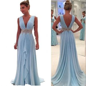 2023 Vestidos de noche Use Light Sky Blue Silver Apliques de encaje Cuello en V Barrido Tren Granos de cristal Gasa Tallas grandes Vestidos de baile Vestido de fiesta Espalda abierta