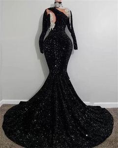 2023 Avondjurken dragen Sparkly Black Mermaid High Neck Crystal Sequins Beading Lades Formal Prom Party Jurken Women Custom Robe de Soiree lange mouwen