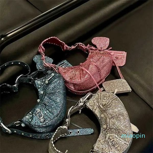 2023-Evening s Network Red Flash Motorcycle Fashion Hot Drill Mirror Three in One Shoulder Oblique Span Polyvalent Handheld Bag
