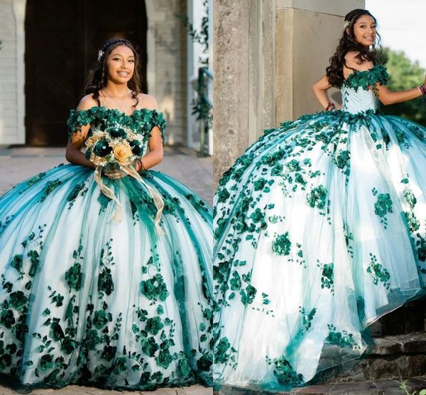 2023 Cher Vert Émeraude Quinceanera Robes Doublure Blanche Fleurs Florales Perles Dentelle Appliques De L'épaule Douce 16 Robe Longue Train