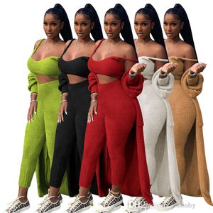 2023 Herfst Casual Driedelige Set Vrouwen Sling Tank Top En Hoge Taille Broek Met Lang Vest Pak Fleece 3 Stuks Broek Sets Outfits Kleding