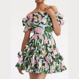 2023 Fancy dress Dames bloemenprint verzamelde taille Slash Neck Puff Sleeve FitFlar Mini-jurk