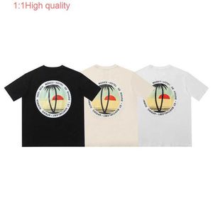 2023 Marque de mode RHUDE Coucher de soleil Cocotier Lettre Impression T-shirt à manches courtes pour hommes et femmes High Street Lâche Demi-manche