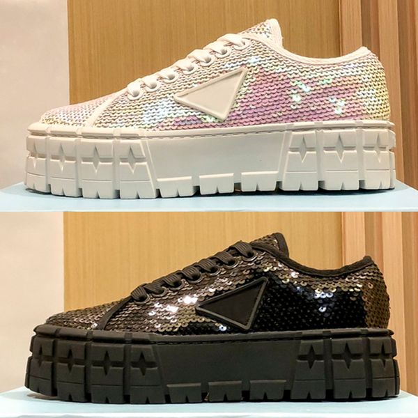 2023 Chaussures de sport à la mode Double Wheel Sequin Sneaker Hauteur 5CM Baskets de créateurs pour femmes perle rose blanc noir luxe bas en plein air femmes formateurs EUR 34-40