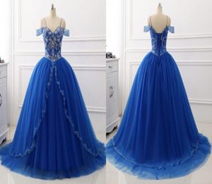 2023 Fashion Cold épaule Royal Blue Sweet 16 Robes de bal Robes de bal TULLE CRISTIL CRISTAL CORSET Back Quinceanera Robe C3938721