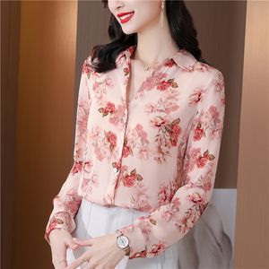 2023 Mode Bloemen Button Up Shirt Lange Mouwen Dames Designer Rode Zijde Satijn Grafische Blouses 2023 Herfst Winter Lange Mouwen Revers Shirts Kantoor Dames Runway Tops