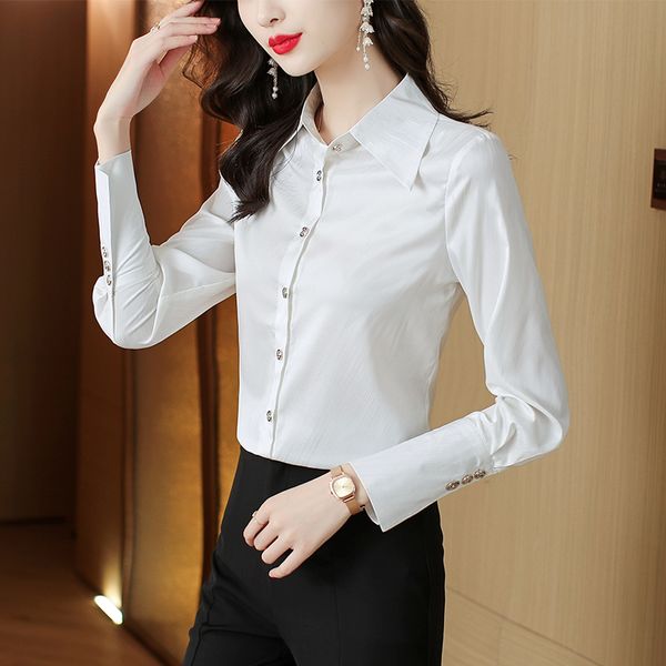 2023 Moda Jacquard Rayas Blusas blancas Mujer Diseñador Solapa Camisa clásica Tallas grandes Solapa de manga larga Otoño Invierno Camisa con botones Office Lady Chic Runway Tops