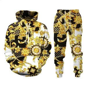 2023 Fashion Luxury Golden Pattern Sweetshirt 3D Imprimé Cabinage de sport Pantalons Sports Suit Mens Vêtements 240326