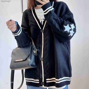 2023 Fashion Midnight Warm Swift V-neck Knitted Loose Tay Women Star Embroidered Cardigan Lor Holiday Black Sweater Tops L230619