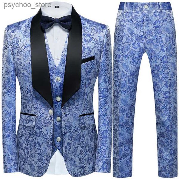 2023 Moda Nuevos hombres Casual Boutique Negocios Boda Anfitrión Trajes de color de flores 3 piezas Conjunto Vestido Blazers Chaqueta Pantalones Chaleco Abrigo Q230828