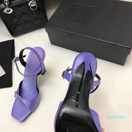 2023 Mode Lila Schwarz Blau Leder Sandalen High Heels Damenschuhe Kristalle Schnalle Slingback