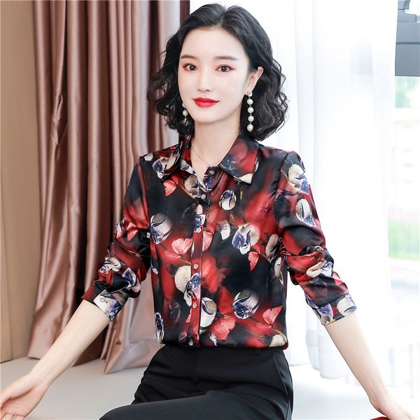 2023 Mode Rouge Rétro Floral Blouses De Luxe Designer Vintage Soie Satin Chemises À Manches Longues Bureau Dame Piste Bouton Up Chemises De Grande Taille Automne Hiver Casual Tops