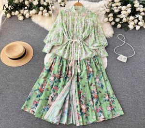 2023 Fashion Runway Barokke Maxi Dress Women Long Lantern Sleeve Knoppen Down Pink Flower Print Elegant Sashes Party Vestidos9690889