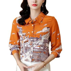 2023 Fashion Runway Satin Femmes Blouses Designer Top Manches longues Revers Bouton formel Chemises Belle Printemps Automne Dames OL Si266P