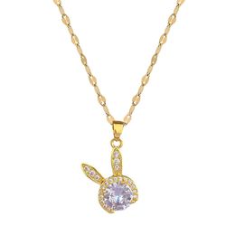 Collier avec pendentif lapin mignon en acier inoxydable pour femmes, ras du cou de luxe en zircone, bijoux cadeaux, 2023