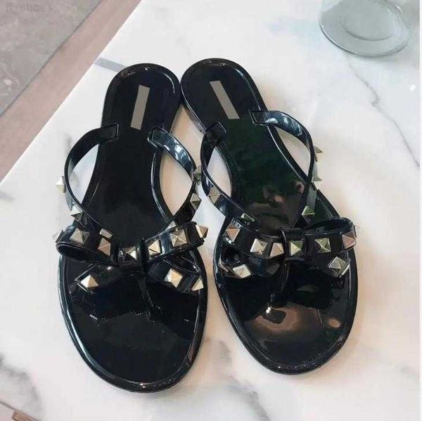 2023, zapatillas de moda para mujer, sandalias de gelatina con remaches, chanclas de diseñador con lazo para niñas, chanclas con letras impresas, zapatilla de marca 35-41