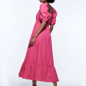 2023 Fashionwomens Casual Dress Fall Long Puff Sleeve vierkante nek Smocked A Line Flowy Ruffy Party Maxi -jurken