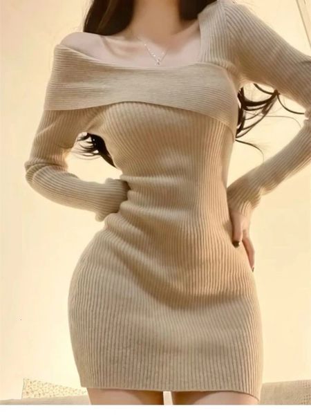 2023 Robe féminine Crochet Vêtements tricotés Fête de bal Noir Une ligne Tricot Harajuku Manches longues Y2k Vintage Robes pour femmes 240301