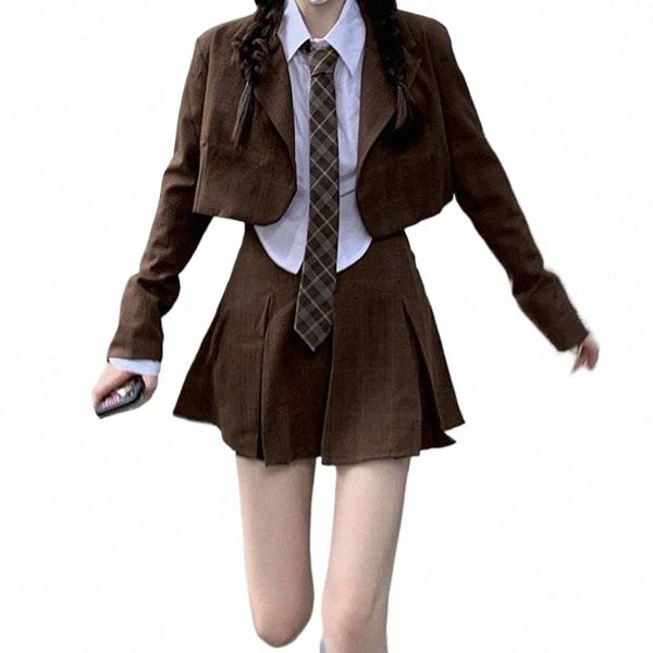 2023 Fi Japón Corea estilo traje corto a rayas tres trajes de mujer irregular LG manga blusa cintura alta falda plisada g863 676D #