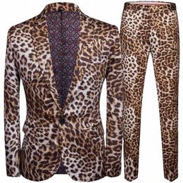 2023 Fi Men's Casual Boutique Leopard Print Nightclub Style Costume Veste Pantalon / Mâle Deux Pièces Blazers Manteau Pantalon Ensemble U67P #