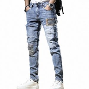 2023 Fi Mens Jeans Automne Patch Light Blue Tendance Pantalon ample élastique Streetwear Boyfriend Biker Homme Pantalon en denim droit F2Bv #