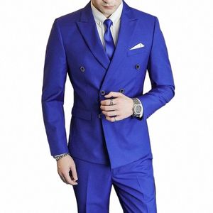 2023 Fi Nouveaux hommes Casual Busin Double boutonnage 2 pièces Costume Set / Mâle Slim Couleur Unie Blazers Veste Pantalon Manteau Z0gj #