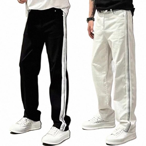 2023 Fi nuevos pantalones vaqueros para hombre primavera otoño hombre raya lateral pantalones sueltos ala recta negro streetwear vintage pantalones de mezclilla 89x7 #
