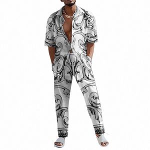 2023 Fi Print Tweedelige Set Mannen Revers Butt Korte Mouw En Rechte Broek Pak Mannen Zomer Casual kleding P9jz #