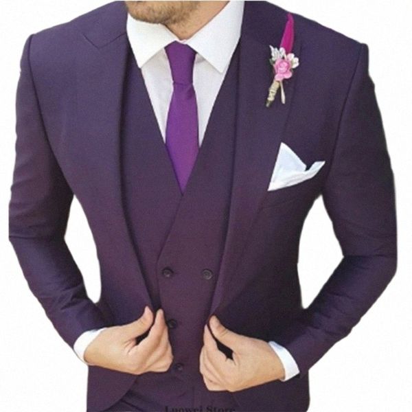 2023 Fi Purple Slim Fit Hommes Costumes 3 Pièces De Mariage Tuxedo Groom Veste Gilet Pantalon Ensemble Formel Busin Blazer Costume Homme 62Kc #