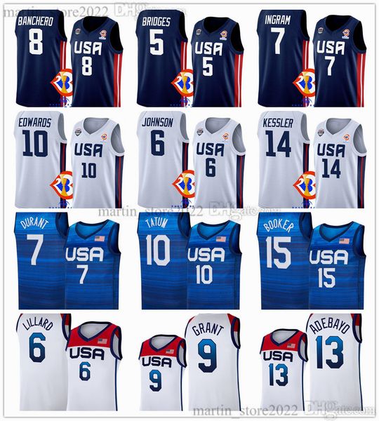 Maillots de basket-ball de la Coupe du monde américaine FIBA 2023 8 Paolo Banchero 5 Mikal Bridges Jalen Brunson Anthony Edwards 4 Haliburton 9 Portis 15 Reaves 7 Ingram 13 Jackson Jr.